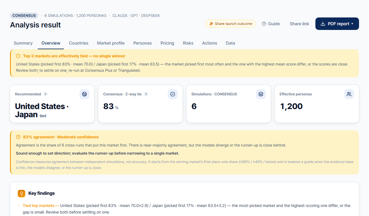 Market Twin analysis — recommended market, consensus, simulations and effective personas